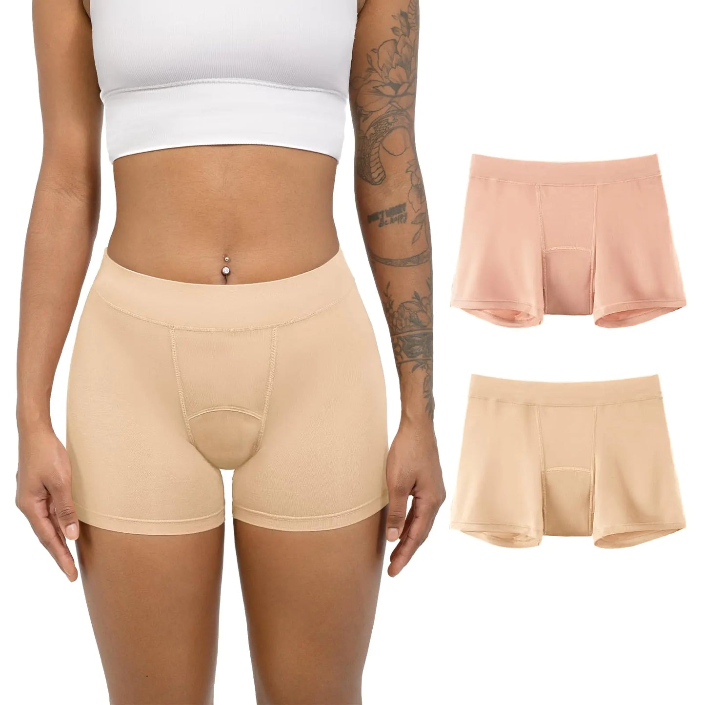 Period Underwear for Women Soft Period Boxers Heavy Flow Menstrual Underwear Leakproof Pack of 2 (Beige+Rose Gold Medium)