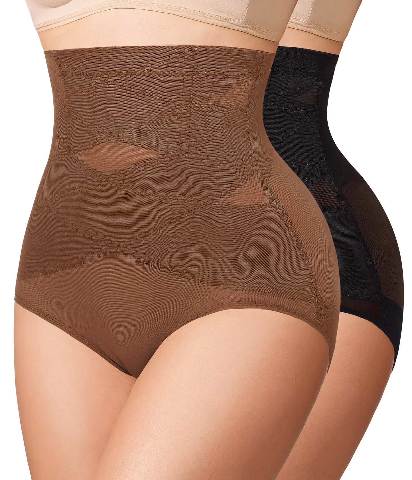 2 Pack Shapewear Tummy Control Underwear for Women High Waisted Body Shaper Girdle Panty Black/Brown